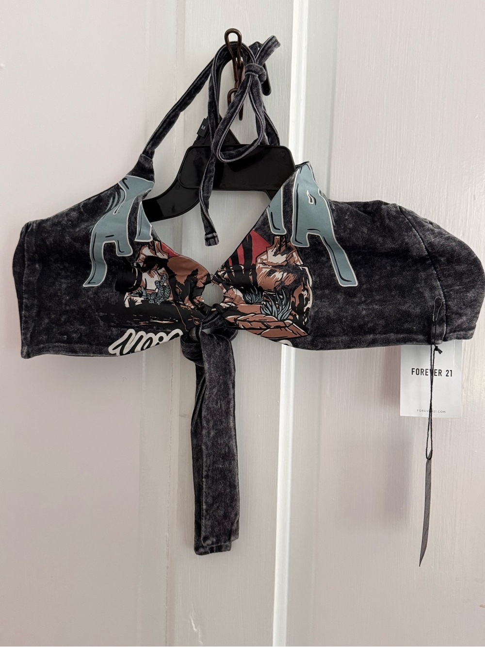Forever 21 Black Washed Graphic Halter Crop Top